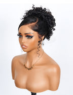 Side view of High Ponytail on Natural Black Water Wave Wig, 360 Lace Frontal, 20-26 inch, glueless secure hold, all-around natural edges for versatile styling.