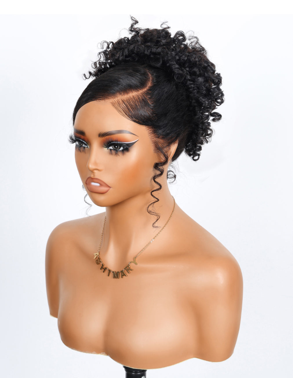 Side view of High Ponytail on Natural Black Water Wave Wig, 360 Lace Frontal, 20-26 inch, glueless secure hold, all-around natural edges for versatile styling.