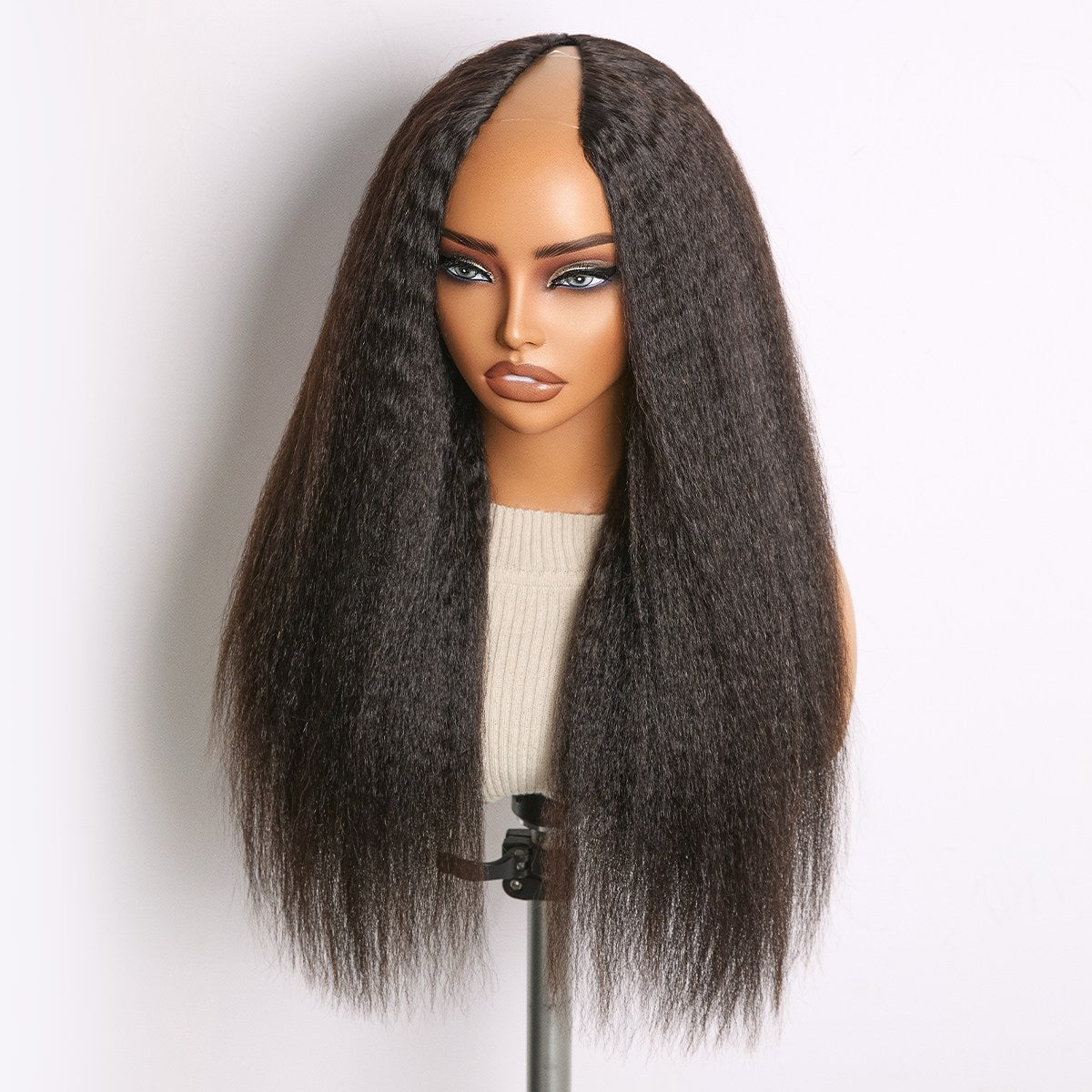 True Scalp Kinky Straight V Part Glueless Human Hair Wig | Natural Black | 16''-24''