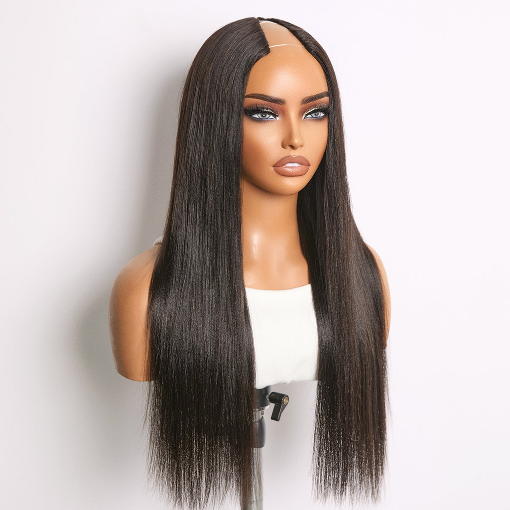 True Scalp Yaki Straight | V Part Glueless Human Hair Wig 16''-24''| Natural Black
