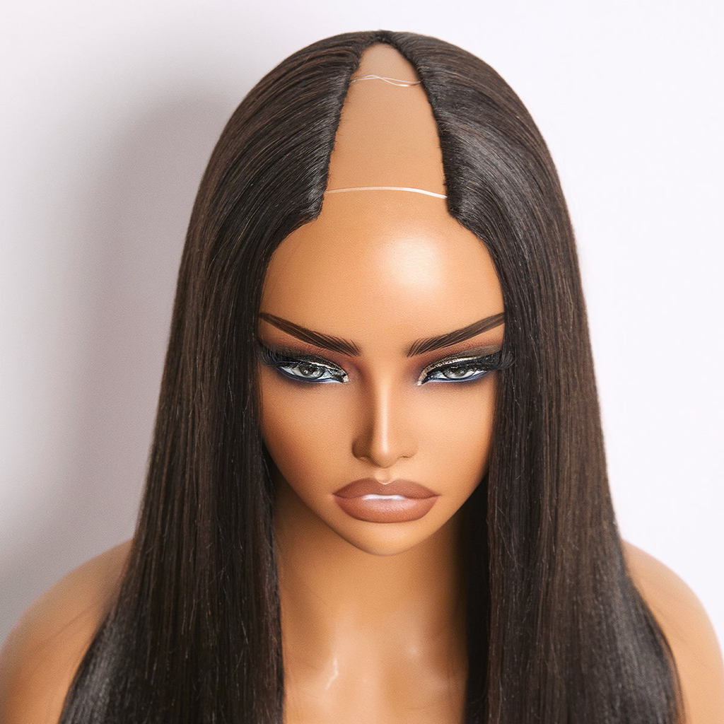True Scalp Yaki Straight | V Part Glueless Human Hair Wig 16''-24''| Natural Black