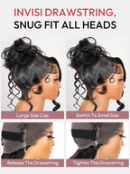 Side view of Natural Black Body Wave Wig, 20-26", 360 Lace Frontal, Glueless, Human Hair, High Ponytail, Defined Waves, Chic and Trendy, Adjustable Drawstring
