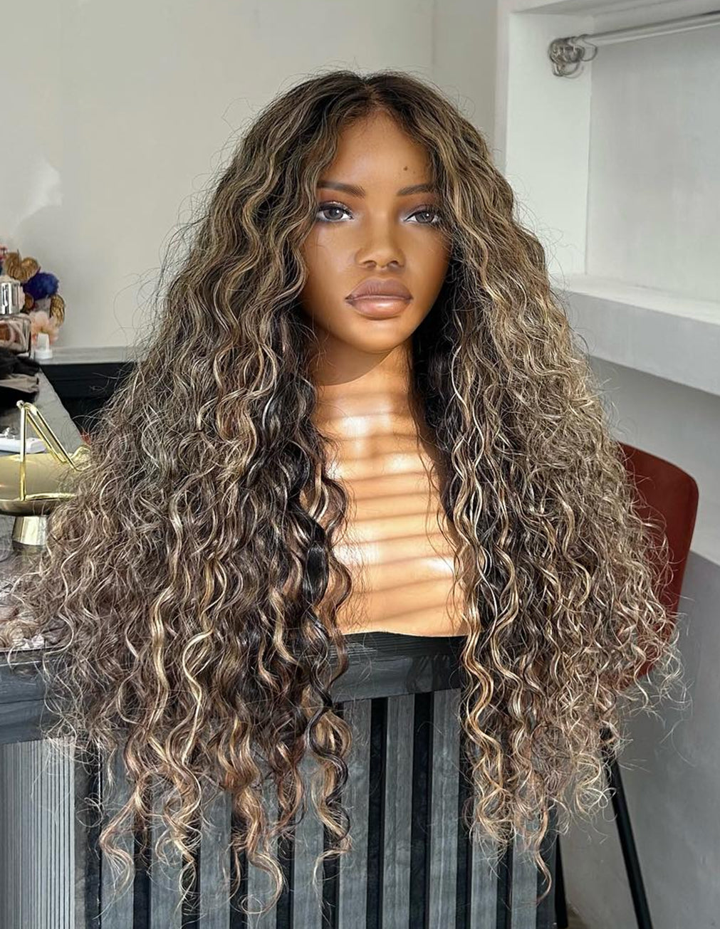 Front view of MAYA Water Wave Wig with Golden Brown Highlights, 18-28", 7x5 Lace Closure, Human Hair, Soft Waves, Stylish and Wear-and-Go
