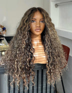 Front view of MAYA Water Wave Wig with Golden Brown Highlights, 18-28", 7x5 Lace Closure, Human Hair, Soft Waves, Stylish and Wear-and-Go