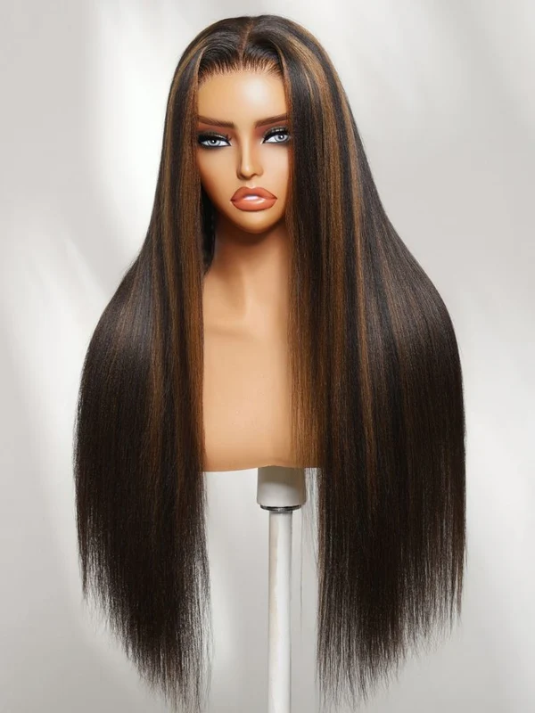Brown Highlights Yaki Straight Wig | 13x6 Lace Frontal | Glueless | 18-24"