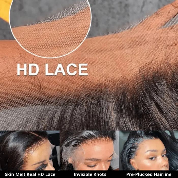 Close-up of HD Lace on Natural Black Wig showing transparent hairline, 13x4 Lace, Human Hair, Glueless, Invisible and Natural Finish