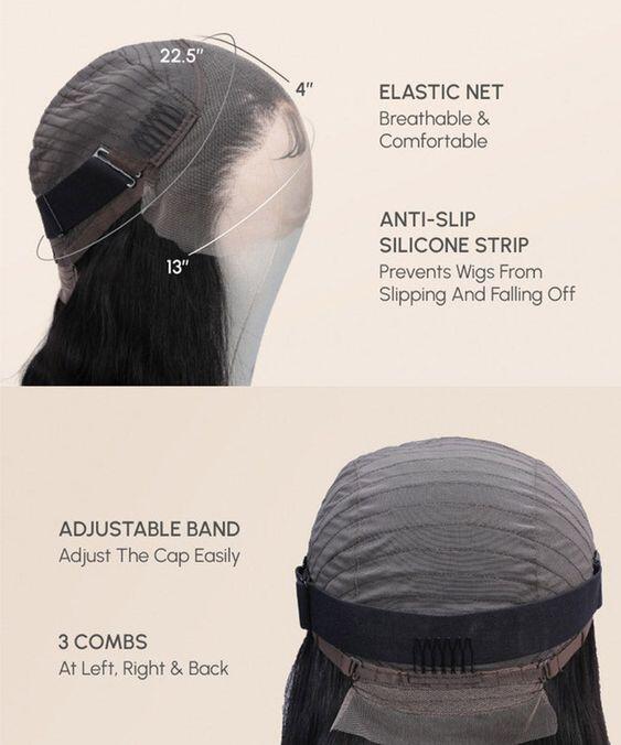 Close-up of the interior wig cap showing HD Lace front, adjustable elastic band, interior combs, and neat stitching