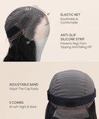 Close-up of the interior wig cap showing HD Lace front, adjustable elastic band, interior combs, and neat stitching