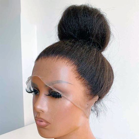 Close-up of HD Lace Hairline on Natural Black Kinky Straight Yaki Wig, 18-24", Human Hair, Invisible Natural Hairline, Sleek and Chic
