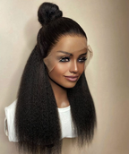 Front view of Natural Black Kinky Straight Yaki Wig, 18-24", HD Lace, Human Hair, Smooth Straight Texture, Stylish and Wear-and-Go