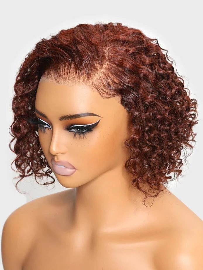 Short Reddish Brown Curly | Pre Pluck 13x4 HD Lace Front Human Hair Wig| Seamless Real Hairline wig| 10''-14''