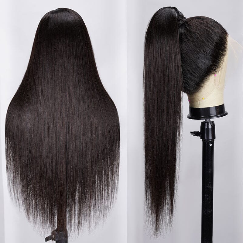 Side view of High Ponytail on Natural Black Straight Wig, 360 Lace Frontal, 18-30 inch, glueless secure hold, all-around natural edges for versatile styling.