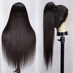 Side view of High Ponytail on Natural Black Straight Wig, 360 Lace Frontal, 18-30 inch, glueless secure hold, all-around natural edges for versatile styling.