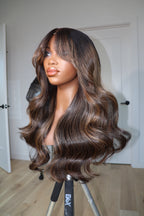 Side view of LEXI Mocha Brown Balayage Body Wave Lace Wig, 22-30", Human Hair, Voluminous Waves, Trendy and Chic