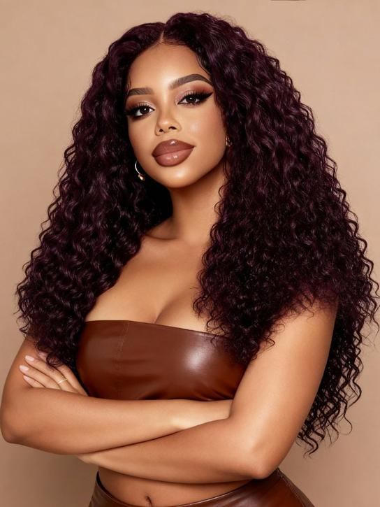 Burgundy Plum Water Wave 13x4 Lace Front Wig| Pre-everything Invisible Knots Wear Go Wig with Drawstring| 14''-28''