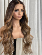 Left side view of Caramel Blonde Highlights Body Wave Wig, 22-30", 13x6 HD Lace, Soft Natural Waves, Glueless