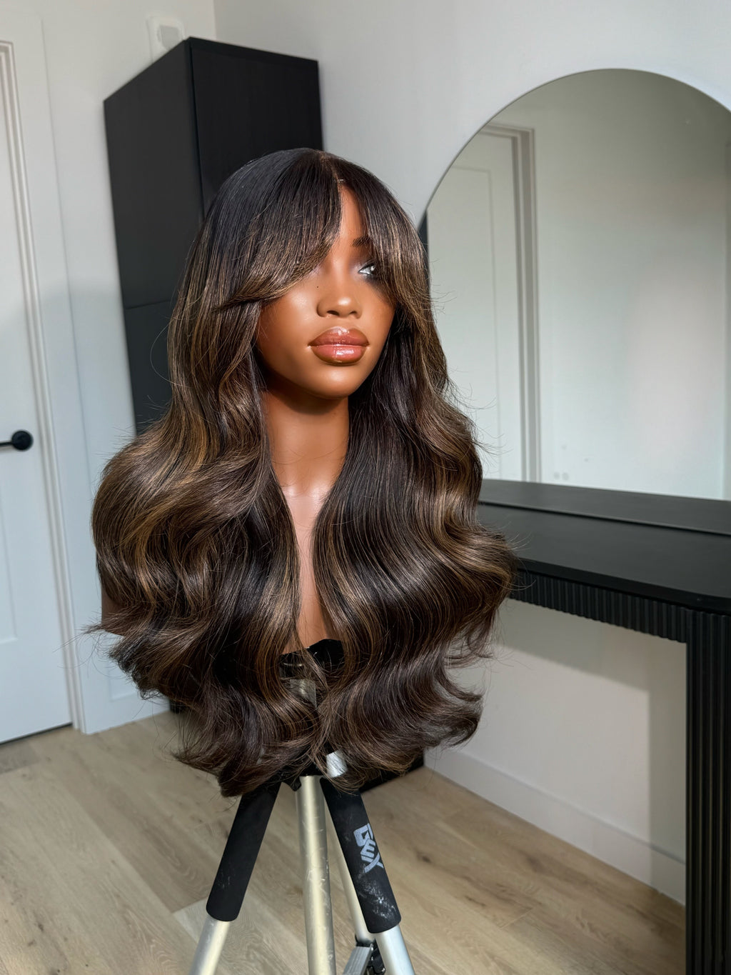 Front view of LEXI Body Wave Lace Wig, Mocha Brown Balayage, 22-30", Human Hair, Soft Waves, Stylish and Wear-and-Go