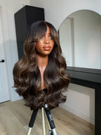 Front view of LEXI Body Wave Lace Wig, Mocha Brown Balayage, 22-30", Human Hair, Soft Waves, Stylish and Wear-and-Go