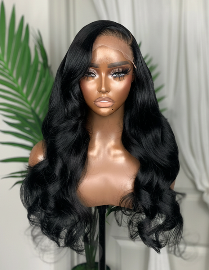 Front view of Natural Black Body Wave Wig on mannequin, 16-24", 13x4 Lace, Human Hair, Soft Flowing Waves, Stylish and Wear-and-Go