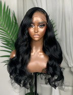 Front view of Natural Black Body Wave Wig on mannequin, 16-24", 13x4 Lace, Human Hair, Soft Flowing Waves, Stylish and Wear-and-Go