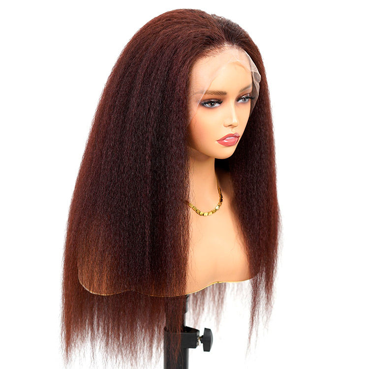 Reddish Brown Kinky Straight 13x4 Lace Front Wig | pre bleached knots| Glueless Human Hair| 18''-30''