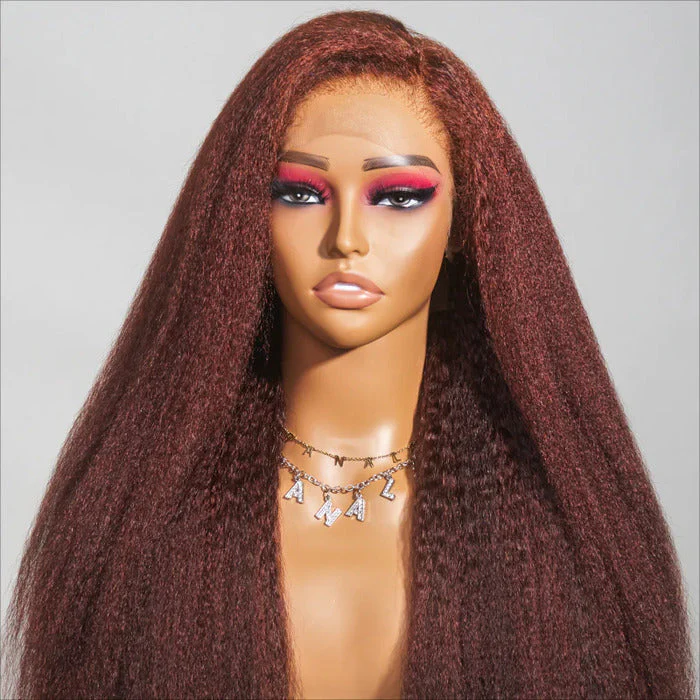 Reddish Brown Kinky Straight 13x4 Lace Front Wig | pre bleached knots| Glueless Human Hair| 18''-30''