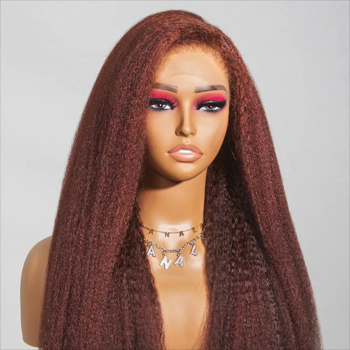 Reddish Brown Kinky Straight 13x4 Lace Front Wig | pre bleached knots| Glueless Human Hair| 18''-30''