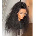 full lace wig natural black kinky curly front close-up pre-plucked realistic part natural hairline full volume soft curls 10-26 inch