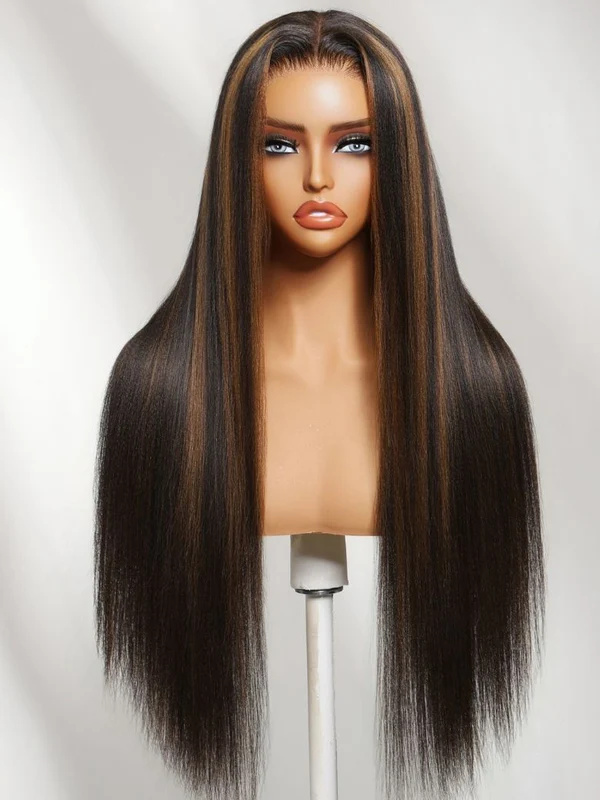 Brown Highlights Yaki Straight Wig | 13x6 Lace Frontal | Glueless | 18-24"