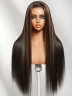 Brown Highlights Yaki Straight Wig | 13x6 Lace Frontal | Glueless | 18-24"