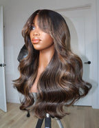Right side view of Brown Highlights Body Wave Wig, 22-30", 7x5 Closure, Glueless, Soft Natural Waves