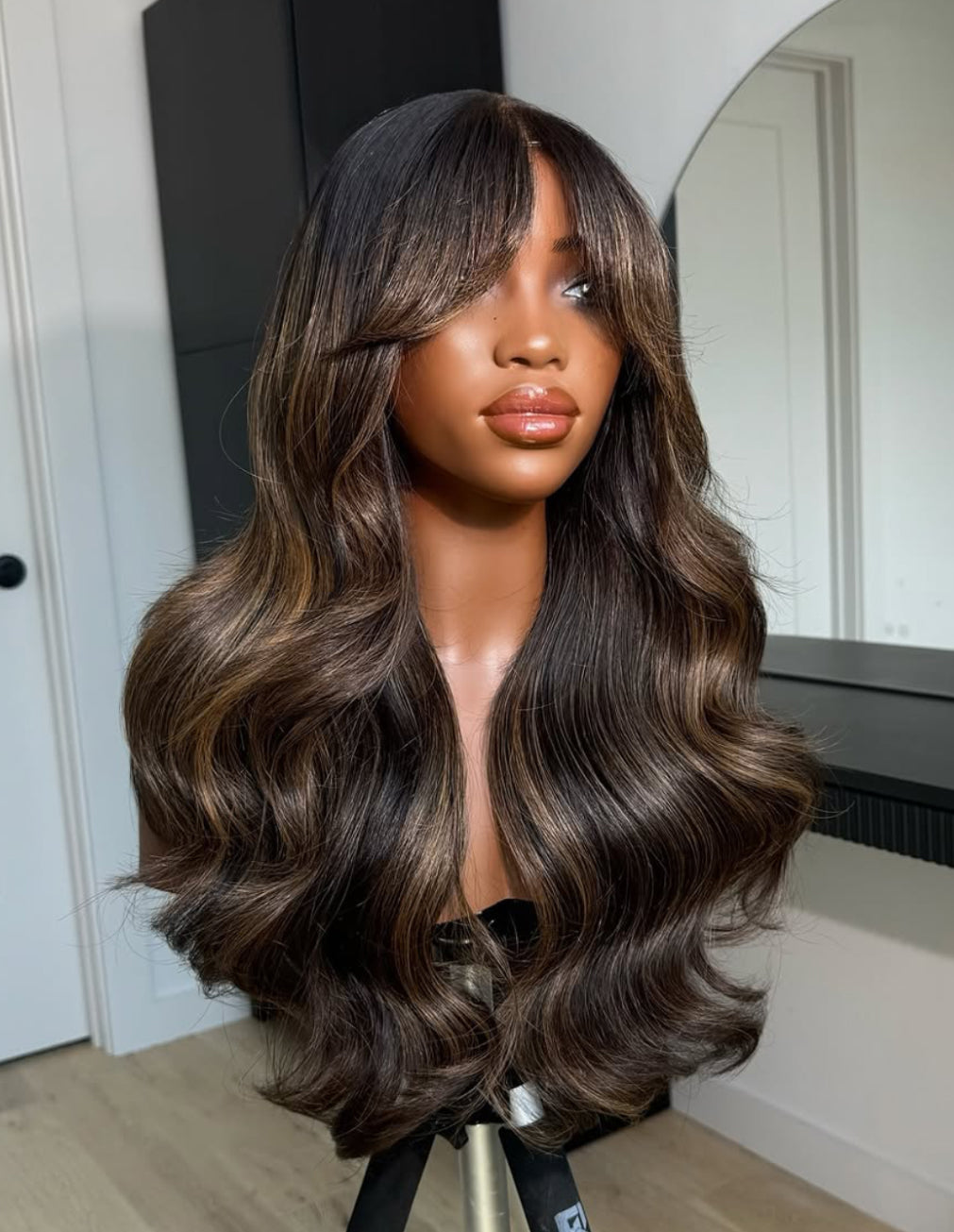 Left side view of Brown Highlights Body Wave Wig, 22-30", 7x5 Closure, Human Hair, Wear-and-Go