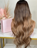 Back view of Caramel Blonde Highlights Body Wave Wig, 22-30", 13x6 HD Lace, Natural Hairline, Glueless