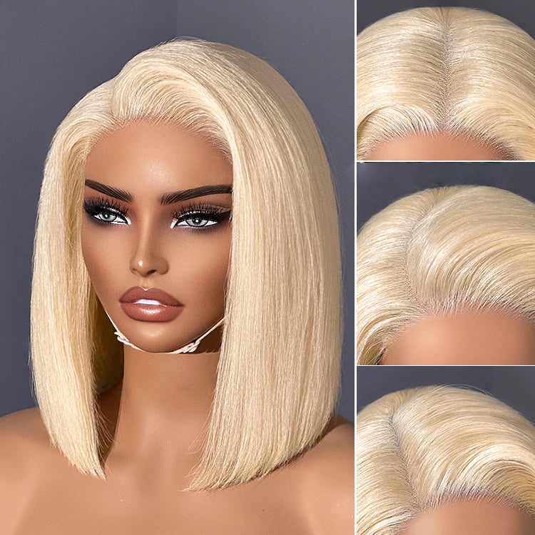 Close-up of CLEO Straight Bob Wig hair part, 613 Blonde, 13x4 Lace Frontal, Human Hair, Natural Hairline, Glueless