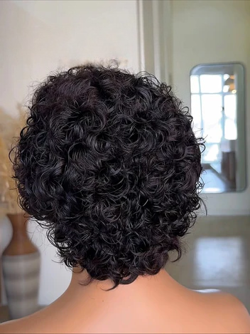 ELARA Short Curly Wig, Burgundy color, 10-12 inch, neatly layered curls, full and voluminous back profile, 13x6 frontal lace construction.