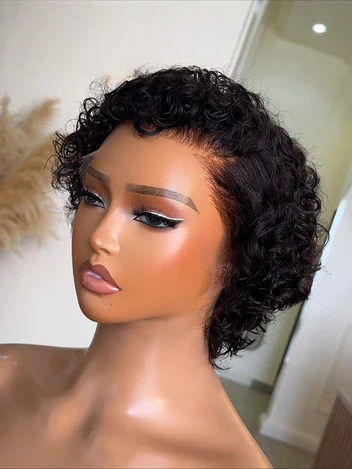 13x6 lace front, 10-12 inch, tapered short cut, defined curly texture, seamless hairline, breathable wig cap.