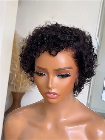 3x6 lace front, 10-12 inch, tapered short cut, defined curly texture, seamless hairline, versatile everyday look.