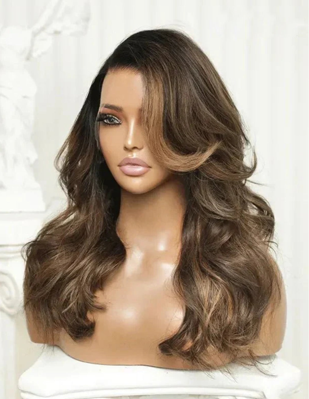 Front view of ELENA Brown Highlights Wavy Wig, 14-22", 7x5 Lace, Glueless, Human Hair, Stylish, Wear-and-Go