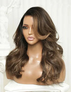 Front view of ELENA Brown Highlights Wavy Wig, 14-22", 7x5 Lace, Glueless, Human Hair, Stylish, Wear-and-Go