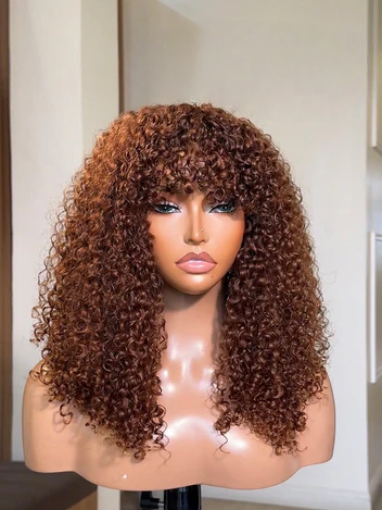 16-22" Hazel Kinky Curly Wig with Bangs, Coffee Brown, Glueless, Human Hair, Trendy, Chic, Gorgeous