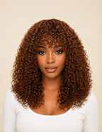 Hazel Coffee Brown Kinky Curly Wig with Wispy Bangs Machine Made Wig | Glueless | 16"-22"