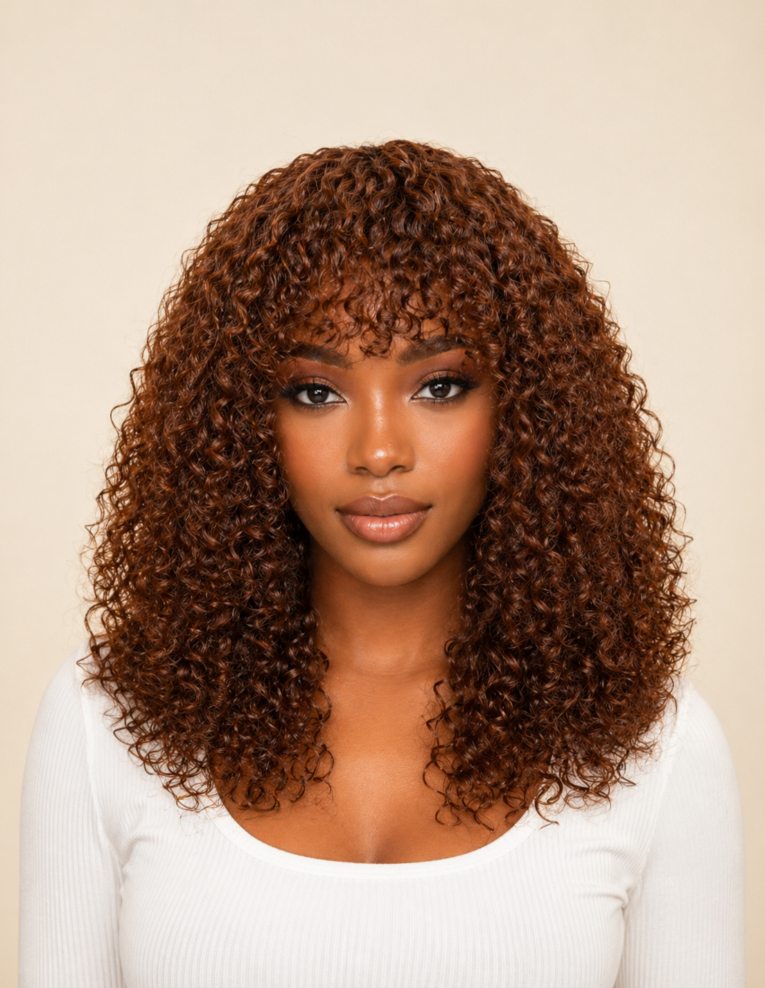 Hazel Coffee Brown Kinky Curly Wig with Wispy Bangs Machine Made Wig | Glueless | 16"-22"