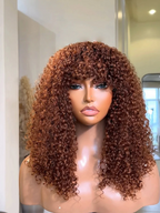 Hazel Coffee Brown Kinky Curly Wig with Bangs, 16-22", Glueless, Human Hair, Stylish, Wear-and-Go