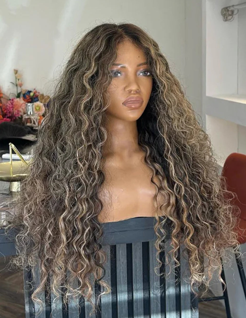 MAYA Golden Brown Highlights Water Wave Wig, 18-28", 7x5 Lace Closure, Human Hair, Voluminous Waves, Trendy and Chic