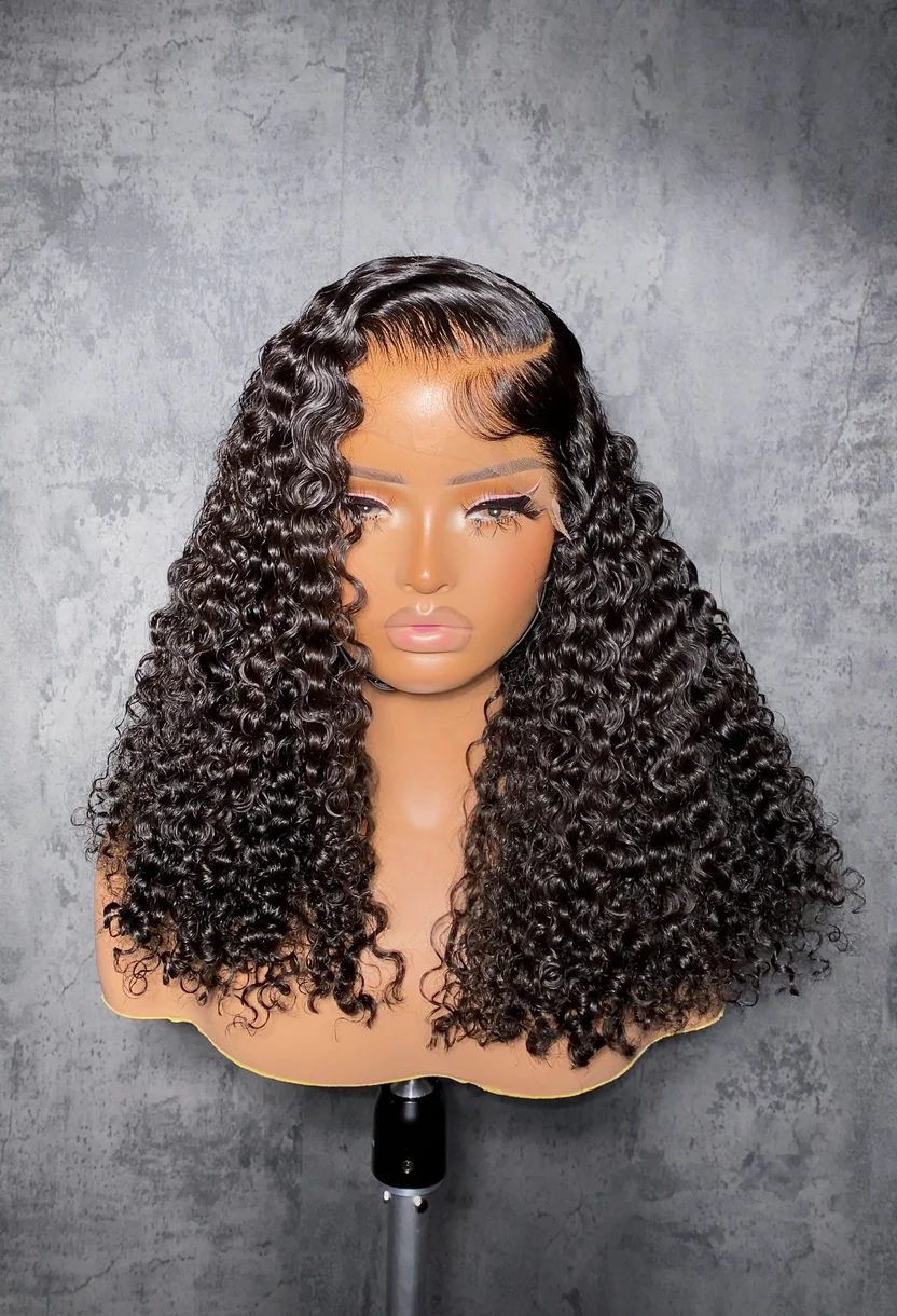 Natural black Burmese curly glueless human hair wig with HD lace front, pre-plucked hairline.