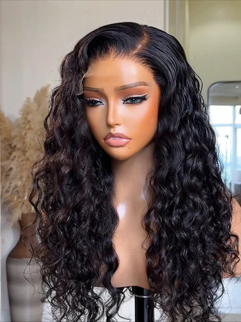 Front close-up of Nala High Ponytail Water Wave Wig, Natural Black, 20-26", 360 Lace, Glueless, Human Hair, Gorgeous Wavy Texture