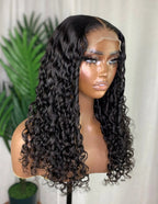 Close-up left view of NAOMI Natural Black Deep Wave Wig, 16-26", 7x5 Lace, Glueless, Human Hair, Defined Waves, Fashionable and Gorgeous