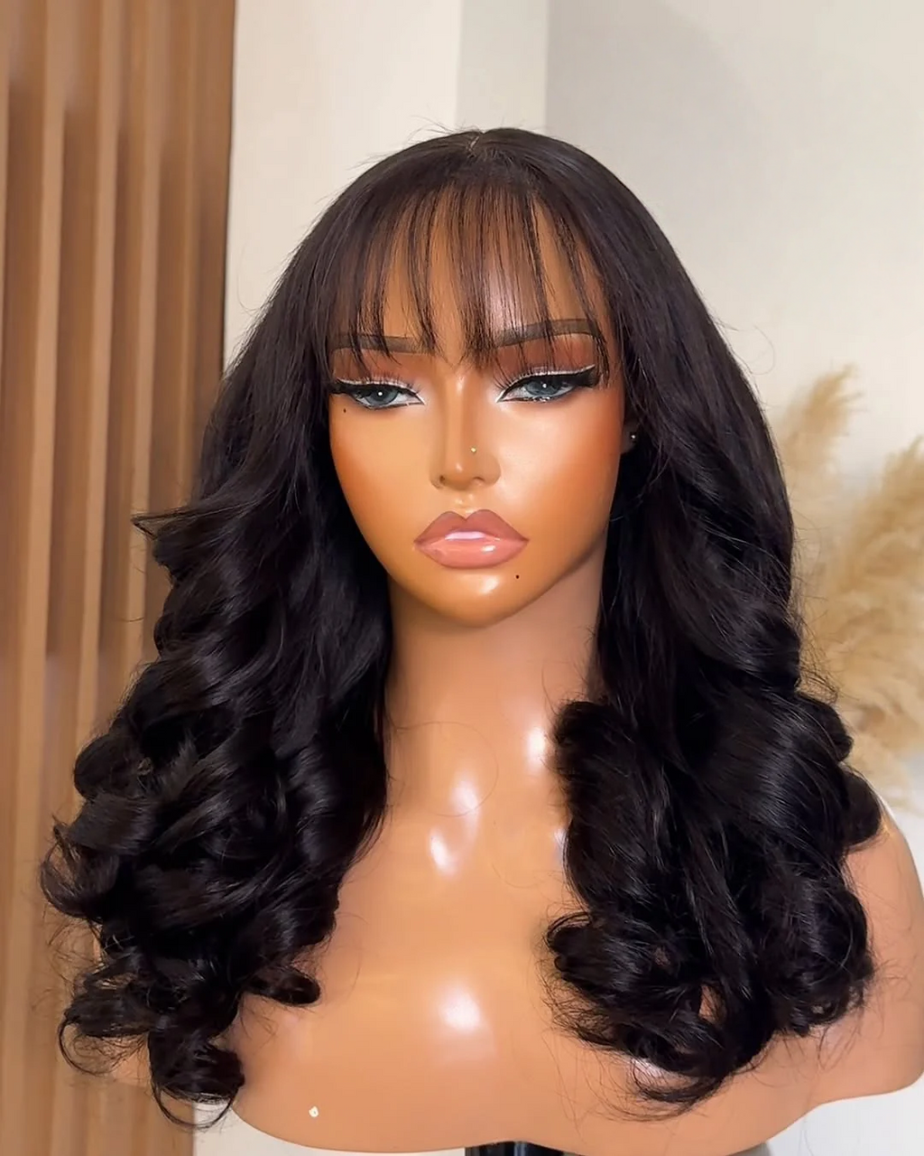 Front view of Natural Black Body Wave Wig with bangs, 18-28", 13x6 HD Lace, Glueless, Human Hair, Soft Waves, Stylish and Wear-and-Go