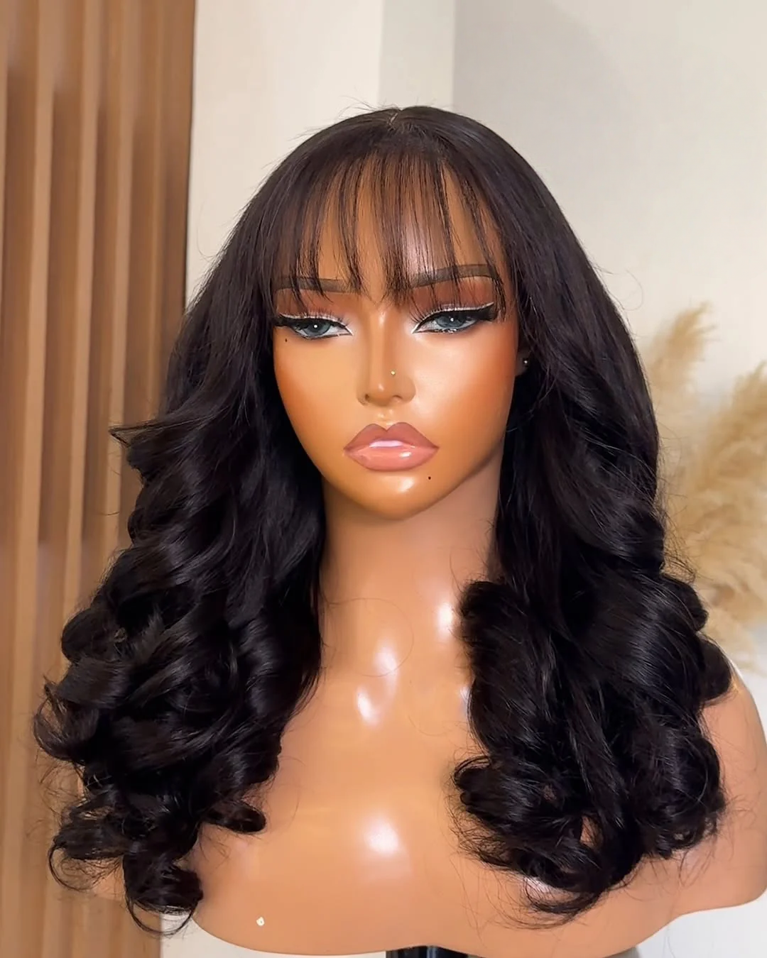 Front view of Natural Black Body Wave Wig with bangs, 18-28", 13x6 HD Lace, Glueless, Human Hair, Soft Waves, Stylish and Wear-and-Go