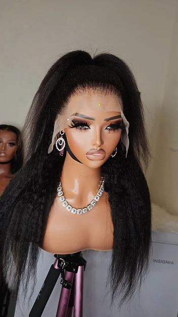 13x4 Lace Kinky Straight Wig, pre-plucked natural hairline, 4C edges, invisible HD lace, 14-22 inch, seamless melt into skin.
